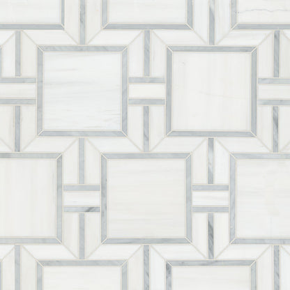12x12 Bianco Framed Square Mosaic Natural-Look Polished Smooth Marble Tile