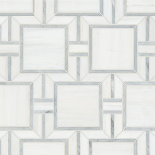 12x12 Bianco Framed Square Mosaic Natural-Look Polished Smooth Marble Tile