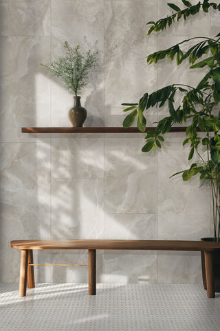 Beige & White - 12x12 Bianco Octagon Square Mosaic Natural-Look Polished Smooth Marble Tile