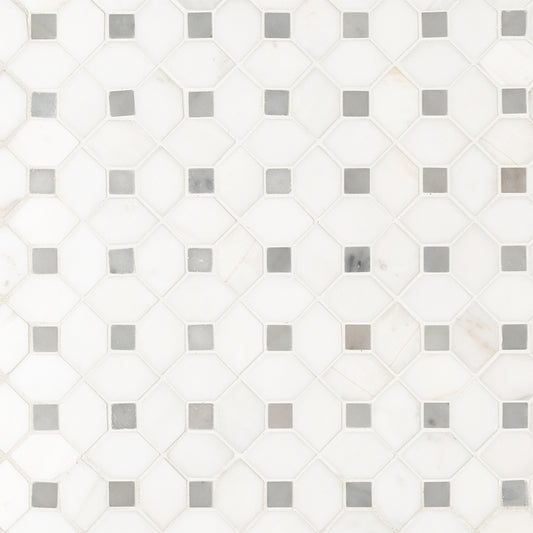 12x12 Bianco Octagon Square Mosaic Natural-Look Polished Smooth Marble Tile