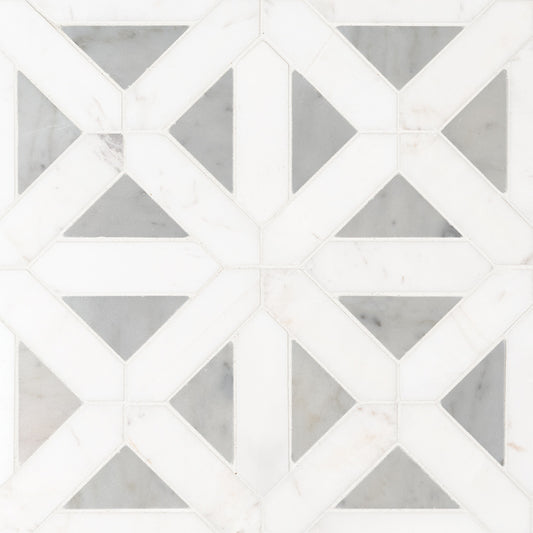 12x12 Bianco Triangle Lattice Framed Mosaic Natural-Look Polished Smooth Marble Tile