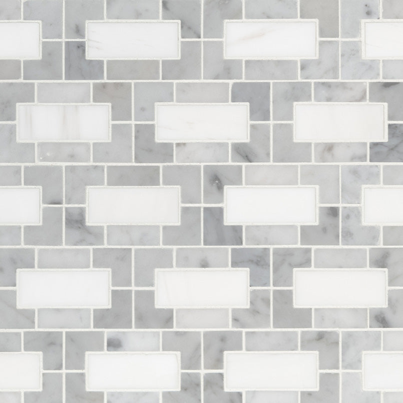 12x24 Bianco Grid Framed Mosaic Natural-Look Polished Smooth Marble Tile