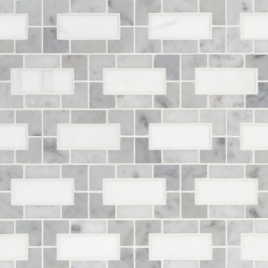 12x24 Bianco Grid Framed Mosaic Natural-Look Polished Smooth Marble Tile