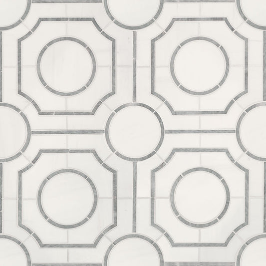 12x12 Bianco Octagon Mosaic Natural-Look Polished Smooth Marble Tile