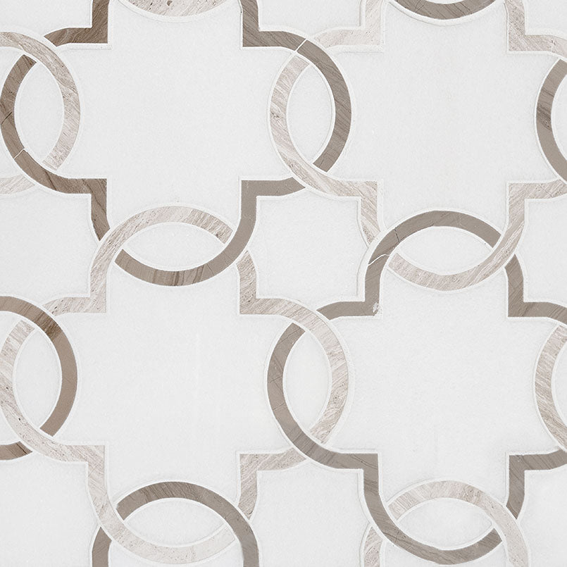 12x12 Bianco Interlocking Quatrefoil Pattern Mosaic Polished Marble Tile