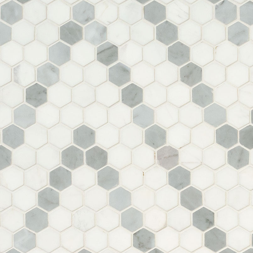 1" Bianco Hexagon Mosaic Wave Pattern Polished Smooth Marble Tile
