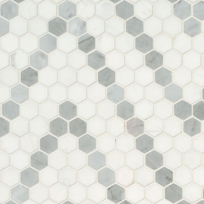 1" Bianco Hexagon Mosaic Wave Pattern Polished Smooth Marble Tile