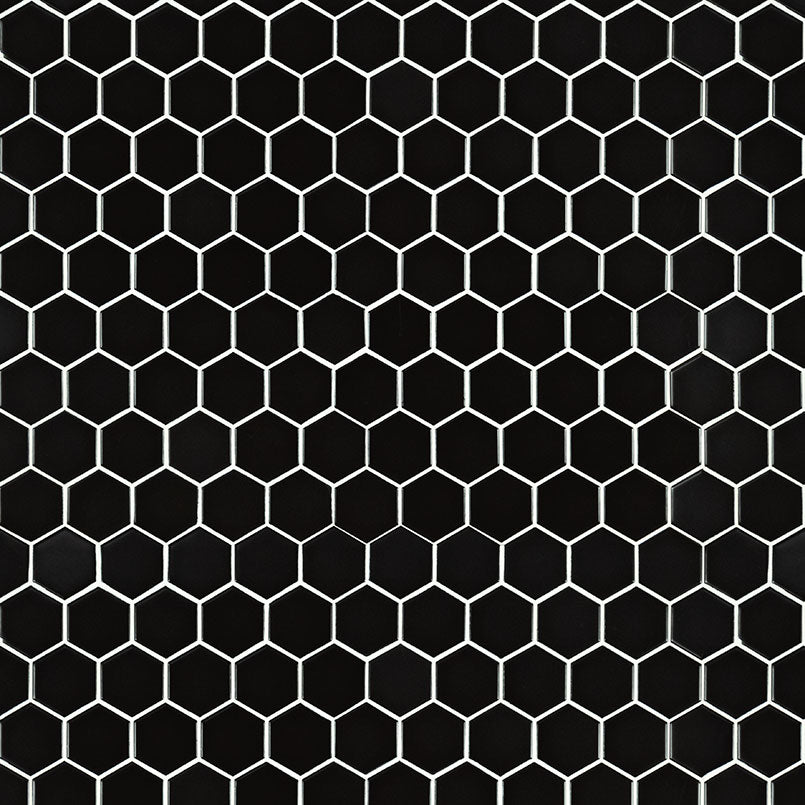 2" Black Hexagon Mosaic Solid-Color Matte Smooth Porcelain Tile