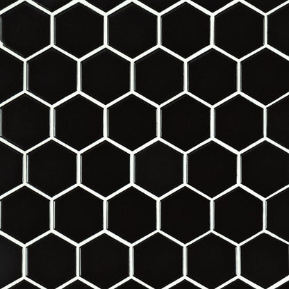 2" Black Hexagon Mosaic Solid-Color Matte Smooth Porcelain Tile