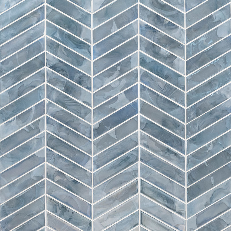 12x12 Blu Chevron Mosaic Solid-Color Glossy Smooth Glass Tile