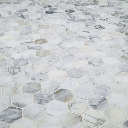Cali Reverse Pattern Tile 12x12 Calacatta Cali Hexagon Mosaic Natural-Look Honed Smooth Marble ...