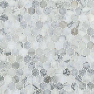 Soft Gray - 12x12 Calacatta Hexagon Mosaic Natural-Look Honed Smooth Marble Tile