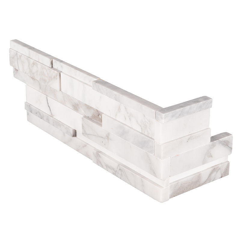 6x18 Calacatta Natural-Look Matte Split-Face Marble Stone Corner