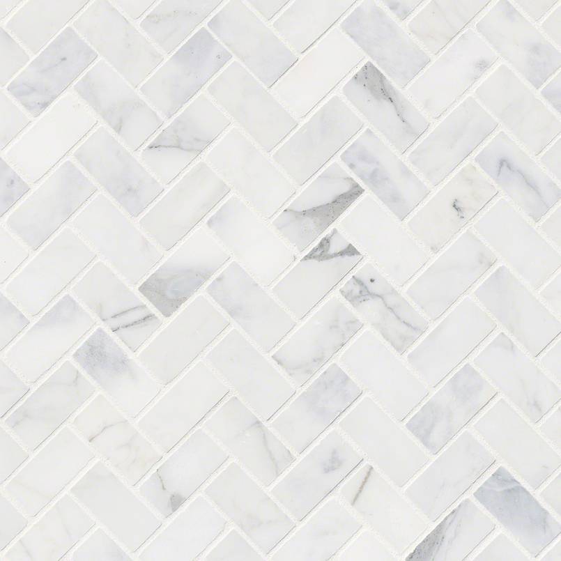 12x12 Calacatta Herringbone Mosaic Natural-Look Honed Smooth Marble Tile