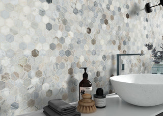 White Gray - 2" Capri Hexagon Mosaic Natural-Look Honed Smooth Marble Tile