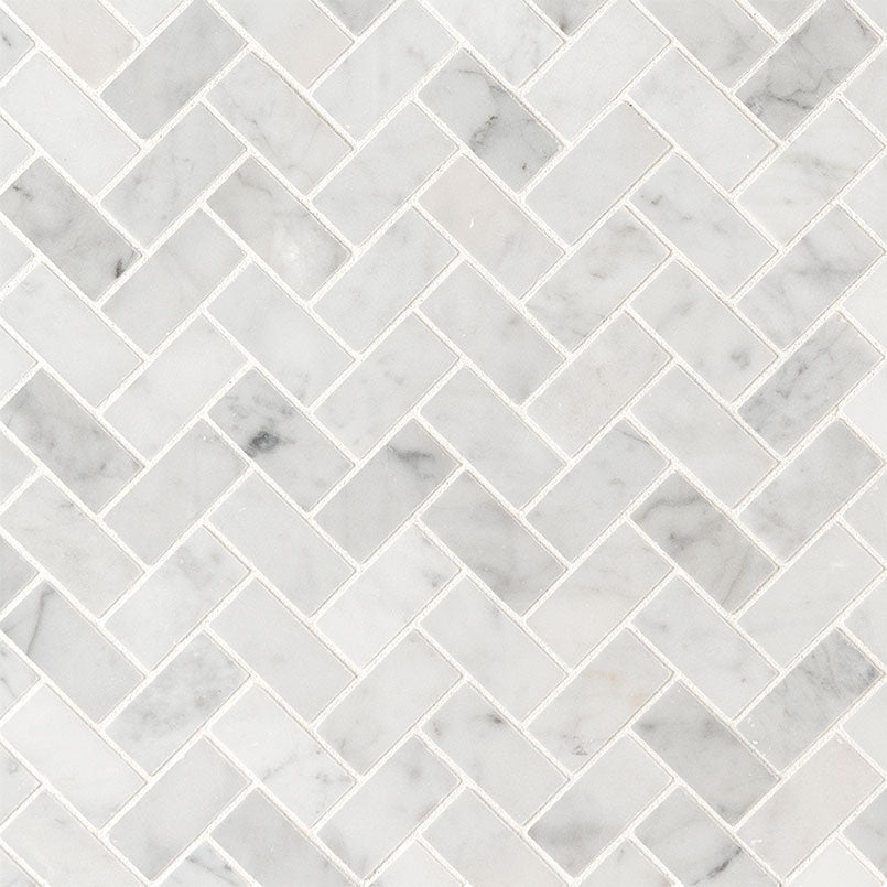 1x2 Carrara Herringbone Pattern Natural-Look Honed Smooth Marble Tile