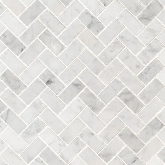 1x2 Carrara Herringbone Pattern Natural-Look Honed Smooth Marble Tile