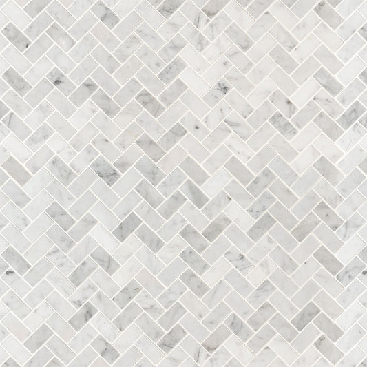 1x2 Carrara Herringbone Pattern Natural-Look Honed Smooth Marble Tile