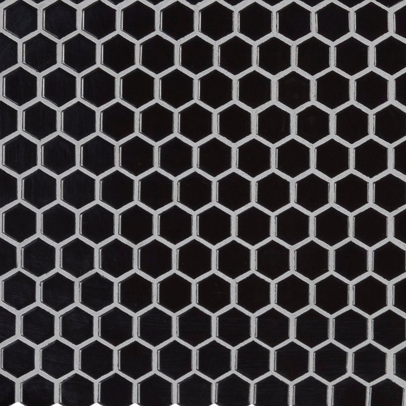 1" Black Hexagon Mosaic Solid-Color Glossy Smooth Porcelain Tile